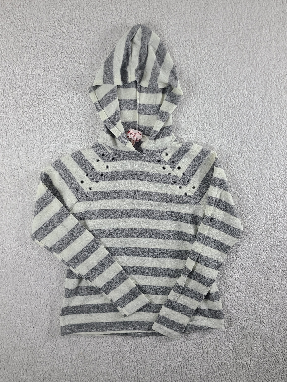 Poof Girl Gray Ivory Striped Hoodie Grommet Detail Long Sleeve Size Large